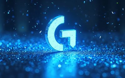 logitech blue neon logo, 4k, kreativ, blaue glitzerhintergründe, marken, logitech neon logo, logitech blue logo, kunstwerk, logitech abstract logo, logitech logo, logitech
