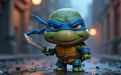 leonardo, 4k, art de chibi, paysage nocturne, teenage mutant ninja turtles, art 3d, caractères tmnt, tortues mutées, leonardo chibi, tortues ninja, tmnt, leonardo tmnt