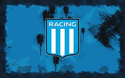 logotipo de grunge club racing, 4k, división de primera argentina, fondo de grunge azul, fútbol, emblema del club de carreras, fútbol americano, logotipo de racing club, club de carreras, club de fútbol argentino, racing club fc