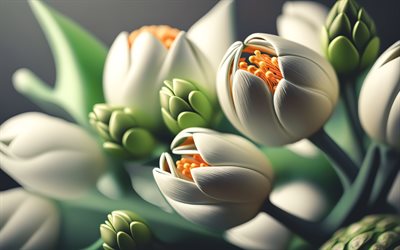 4k, weiße tulpen, 3d  kunst, frühlingsblumen, bokeh, tulpsstrauß, knospen, schöne blumen, 3d  blumen, weiße blumen, 3d  tulpen, makro, frühling, tulpen, hintergrund mit tulpen