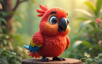 4k, süßer 3d  scharlachrote  ara, cartoon 3d scharlach, süße vögel, rosa kakadu, 3d  vögel, cartoon 3d vögel, lustiger scharlachrote, kleiner scharlachrote dar