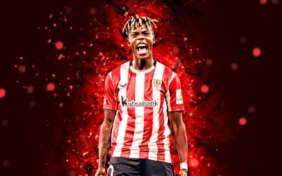 4k, نيكو ويليامز, خلفية تجريدية حمراء, الرياضي بلباو, لا ليجا, لاعبي كرة القدم الإسبان, نيكو ويليامز 4k, أضواء النيون الحمراء, كرة القدم, لاليجا, athletic bilbao fc, نيكو ويليامز الرياضي بلباو