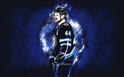 Josh Morrissey, Winnipeg Jets, Canadian hockey player, blue stone background, grunge art, NHL, USA, National Hockey League, hockey, Josh Morrissey Winnipeg Jets