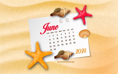 2025 juni kalender, 4k, 2025 kalendrar, sommarmall, strand, hav, juni 2025 kalender, juni, kreativ konst