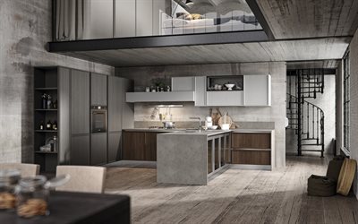 style loft dans la cuisine, murs en béton gris dans la cuisine, design d'intérieur moderne, cuisine, salon, projet de cuisine dans le style loft, appartement à deux niveaux, style loft, escalier en spirale en métal noir