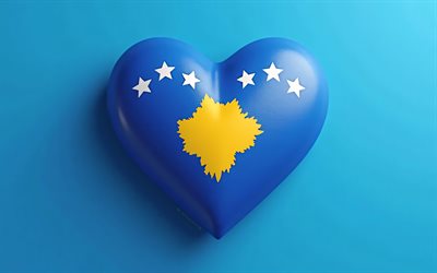 amo a kosovo, 4k, fondos azules, arte 3d, creativo, día de kosovo, bandera de kosovo, corazón con bandera de kosovar, corazones 3d, bandera de kosovar, kosovo, amor por kosovo