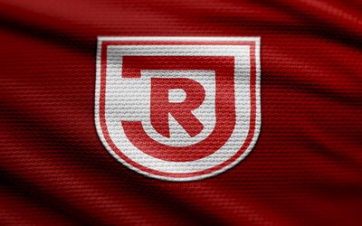 ssv jahn regensburg logo, 4k, خلفية النسيج الأحمر, 2 البوندسليجا, خوخه, كرة القدم, ssv jahn regensburg emblem, ssv jahn regensburg, نادي كرة القدم الألماني, jahn regensburg fc