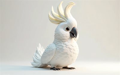 4k, söpö 3d  valkoinen kakatoo, sarjakuva 3d valkoinen kakatoo, söpöt linnut, vaaleanpunainen kakato, 3d  lintu, sarjakuva 3d  linnut, hauska valkoinen kakato, pikku valkoinen kakato, valkoinen tausta, kakadu
