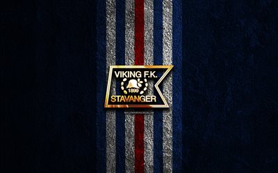 Viking FK golden logo, 4k, blue stone background, Eliteserien, Norwegian football club, Viking FK logo, football, Viking FK emblem, Viking FK, soccer, Viking FC