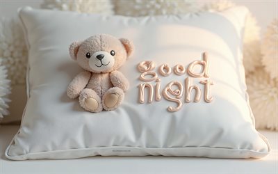 Good night, 4k, Good night 3d inscription, white pillow, little cute bear, Good night wish, Good night concepts, cute bear on the pillow