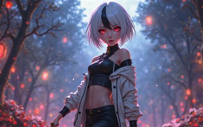 4k, arlecchino, 3d  kunst, genshin  auswirkungen, blendung, lila augen, park, anime  charaktere, kunstwerk, gen wirkungsvoller charaktere, arlecchino genshin impact