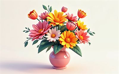 bouquet bunte blumen in vase, wildblumen, 3d  blumen, 3d  blumenstrauß, hintergrund mit blumenstrauß, 3d  kunst