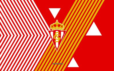 sporting de gijon logosu, 4k, ispanyol futbol takımı, kırmızı beyaz çizgiler arka plan, sporting de gijon, segunda, ispanya, hat sanatı, sporting de gijon amblemi, futbol