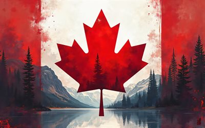 kanada flagga, 4k, grunge konst, kanadensisk flagga, kreativ, kanadas flagga, konstverk, nordamerika, kanadensiska nationella symboler, kanadensisk abstrakt flagga, canada