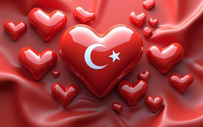 4k, amo a turquía, corazones rojos, obra de arte, día de turquía, bandera de turquía, creativo, fondos 3d rojos, arte 3d, corazón con bandera turca, corazones 3d, bandera turca, pavo, amor por turquía