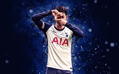 oğlu heung min, 4k, mavi neon işıklar, tottenham hotspur, premier lig, güney koreli futbolcular, oğlu heung min 4k, futbol, tottenham hotspur fc, heung min oğlu, son heung min tottenham hotspu