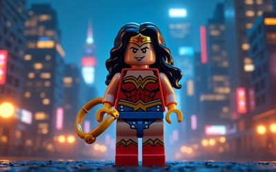 4k, merveilleuse femme, paysage nocturne, super héros, lego art, bandes dessinées dc, wonder woman lego, art 3d, wonder woman 3d, fan art, wonder woman 4k