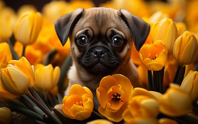 chiot carlin, 4k, tulipes jaunes, bokeh, animaux de compagnie, animaux mignons, chiens, petit carlin, chiots, carlins, carlin