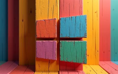 4k, windows 10 puinen logo, grunge  taide, värikkäitä puisia taustoja, windows 10 3d  logo, windows 10 värikäs logo, luova, windows 10  logo, os  tuotemerkit, windows 10