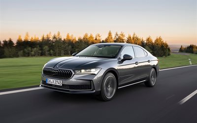 skoda großartig, 4k, bewegung unschärfe, 2025 autos, autobahn, luxusautos, graue skoda hervorragend, 2025 skoda superb, tschechische autos, skoda