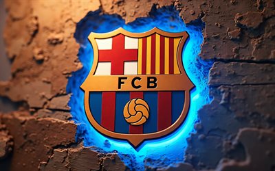 fc 바르셀로나 3d 로고, 4k, 나무 배경, 랄리가, 블루 네온 조명, fcb, 축구, fc 바르셀로나 로고, 바르셀로나 fc, 스페인 축구 클럽, fc 바르셀로나 엠블럼, fc 바르셀로나