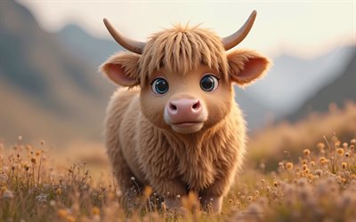 4k, nettes 3d  hochland, cartoon 3d highland, süße tiere, hochland, 3d  tiere, cartoon 3d  tiere, lustiges hochland, kleines hochland, naturhintergrund