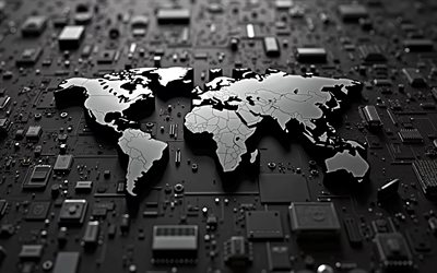 mapa mundial 3d black 3d, 4k, fondo de tecnología negra, tecnología digital, mundo digital, mapa del mundo 3d, fondo negro con mapa mundial, conceptos del mapa mundial, mapa mundial
