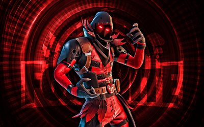 ravenpool fortnite, 4k, contexte en spirale rouge, fortnite, créatif, skin ravenpool, peau de corbeau de fortnite, corbeau, personnages fortnite