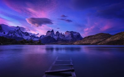 patagonien, kvällslandskap, chile, berg, sjö