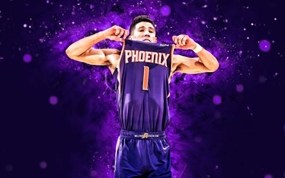 Devin Booker, 4k, violet neon lights, Phoenix Suns, NBA, basketball, Devin Booker 4K, violet abstract background, Devin Booker Phoenix Suns