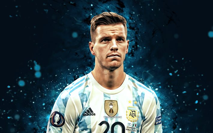 Giovani Lo Celso, 4k, 2022, blue neon lights, Argentina National Football Team, soccer, footballers, blue abstract background, Argentinean football team, Giovani Lo Celso 4K