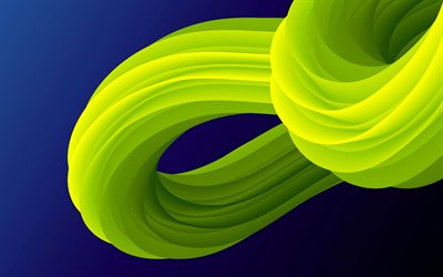 bucles verdes 3d, 4k, minimalismo, arte 3d, creativo, bucles, antecedentes con bucles, cintas 3d verdes, geometría