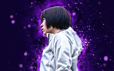 hikaru utada, 4k, violett neonlichter, japanische sänger, musikstars, kreativ, violet abstrakter hintergrund, japanische berühmtheit, hikaru utada 4k