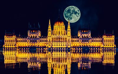 Hungarian Parliament Building, 4k, moon, Neo-Gothic style, hungarian landmark, nighscapes, Budapest, Hungary, Budapest landmarks, Budapest cityscape, HDR