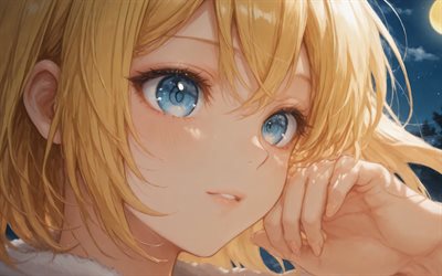 4k, Rin Kagamine, close-up, CV02, Vocaloid, night, blue eyes, protagonists, manga, digital art, Vocaloid characters, Kagamine Rin, japanese virtual singers, Rin Kagamine Vocaloid