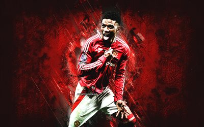 amad diallo, manchester united fc, ivoriano calciatore, amad diallo man united, sfondo di pietra rossa, grunge art, man united, premier league, inghilterra, calcio, amad diallo manchester united