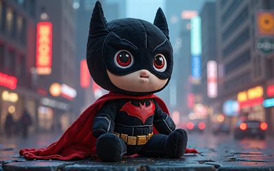 Batwoman, 4k, superheroes, Batwoman superhero Plush Toy, cityscape, Batwoman superhero soft toy, Batwoman toy, creative art