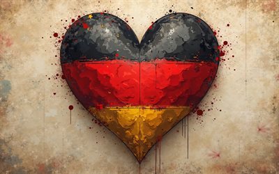4k, eu amo a alemanha, obra de arte, criativo, dia da alemanha, bandeira da alemanha, arte grunge, coração com bandeira alemã, corações 3d, fundo grunge colorido, bandeira alemã, alemanha, amor pela alemanha