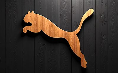 logo puma, 4k, arte creativa, logo in legno marrone puma 3d, backound in legno nero, logo puma 3d, puma, emblema puma 3d
