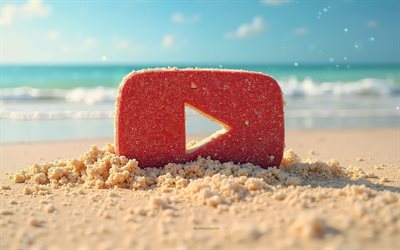 logo youtube, 4k, été, logo youtube en sable, plage, logo youtube 3d, sable, emblème youtube, youtube