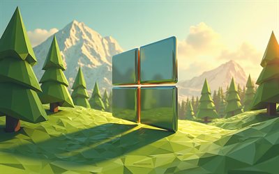 logotipo de windows 10, polígono 3d paisajismo de verano, emblema de windows 10, logotipo 3d de windows 10, árboles de polígono verde, montaña, windows