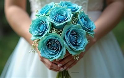 4k, rosas verdes y azules en manos de novia, ramo de novias, bouquet de boda, rosas en manos de novia, ramo de rosas, conceptos de boda, novia