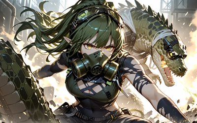 4k, Gavial, snake, yellow eyes, Arknights, battle, Gavial without mask, Medic Operator of Rhodes Island, manga, Gavial the Invincible, Arknights characters, Gavial Arknights