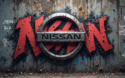 4k, logo nissan, graffiti sur le mur, grunge, art créatif grunge, nissan graffiti, nissan