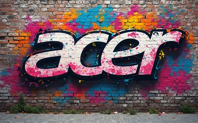4k, acer graffitiロゴ, ストリートアート, クリエイティブ, カラフルなレンガ科, エレクトロニクスブランド, acer抽象ロゴ, ブランド, エイサーホワイトロゴ, アートワーク, エイサーロゴ, エイサー