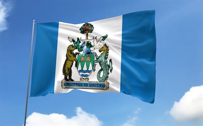 Kelowna flag on flagpole, 4K, Canadian cities, blue sky, flag of Kelowna, wavy satin flags, Kelowna flag, cities of Canada, flagpole with flags, Day of Kelowna, Canada, Kelowna