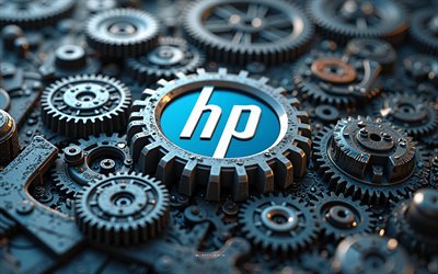 HP logo, 4k, Mechanical art, Hewlett-Packard, iron Gears, 3d Mechanism, Hewlett-Packard logo, HP 3D logo, HP