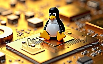 Linux 3d logo, 4k, golden motherboard, Linux penguin, operating systems, Linux emblem, background with Linux logo, Linux, high-tech background