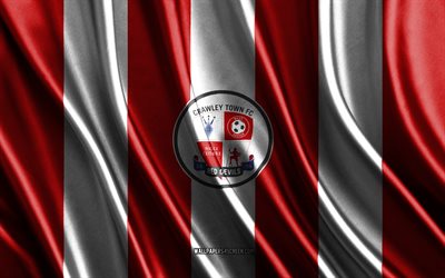 4k, crawley town fc logosu, birinci lig, kırmızı beyaz ipek dokusu, crawley town fc bayrağı, ingiliz futbol kulübü, futbol, ipek bayrağı, crawley town fc amblemi, ingiltere, crawley town fc rozeti, crawley town fc