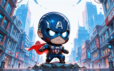 4k, キャプテンアメリカ, 街並み, スーパーヒーロー, キビアート, マーベルコミック, キャプテンアメリカチビ, 3dアート, キャプテンアメリカ3d, ファンアート, キャプテンアメリカ4k